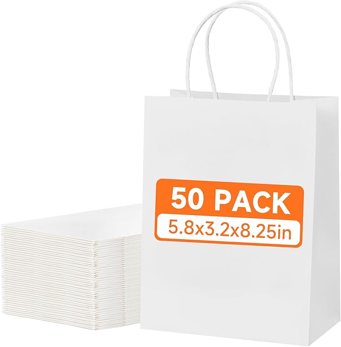 METAPRINT 50 Pack Small Gift Bags 5.8x3.2x8.25 Inch White Paper Bags with Handles Bulk, Kraft Paper Bags for Party favor, Retail, Grocery Sacks