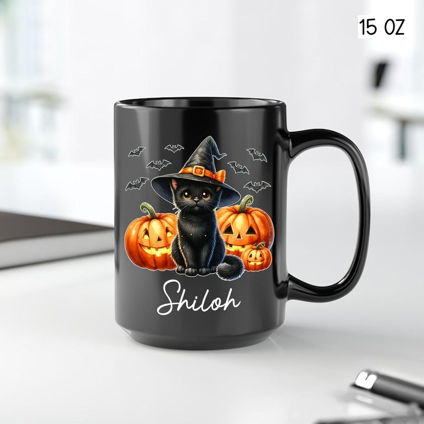 Personalized Black Cat Witch Ceramic Cups Gift for Halloween, Custom Name Black Cat with Pumpkins Coffee Mugs, Spooky Witch Pumpkins Cup, Pet Halloween Mug 11oz 15oz, Pet Enthusiasts Gifts