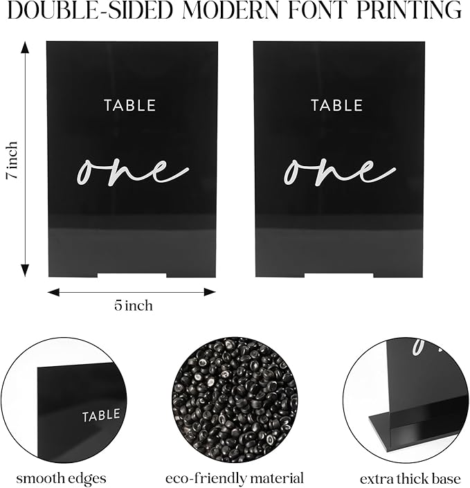 UNIQOOO Black Wedding Double Sided Table Numbers with Stands 1-15 set, 5x7'' Acrylic Signs with Holders and Printed Calligraphy, Seat Display Wedding Decor Perfect for Centerpiece, Reception