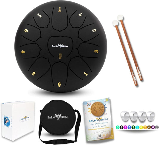 The Balmy Drum - 11 Note 10 Inch Steel Tongue Drum, Steel Drum Instrument, Drums For Children and Adults, Balmy Drum Set for Kids with Music Book, Handpan, Mallet and Carry Bag (Black)