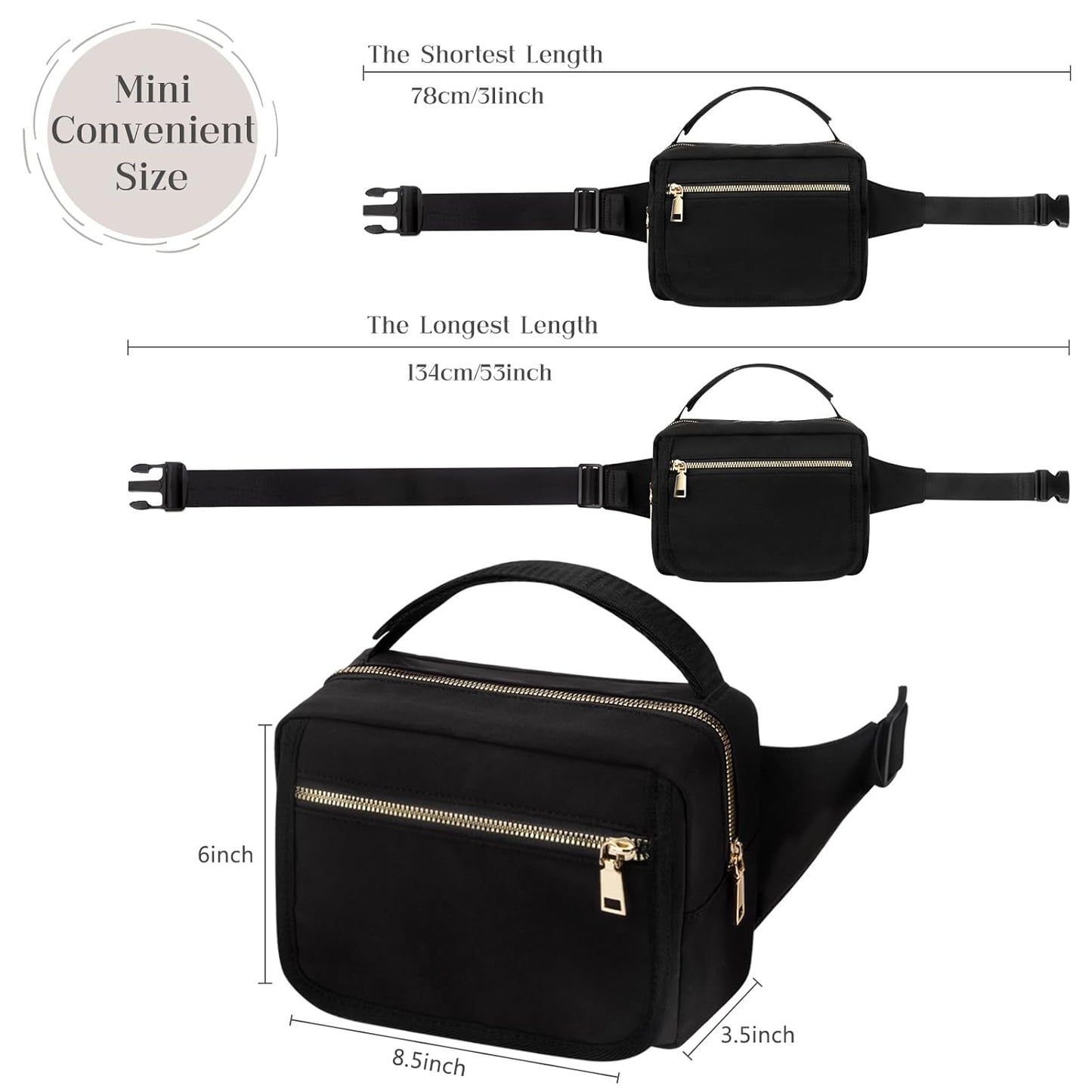 printe Small Diaper Bag with Portable Changing Pad, Crossbody Women Waist Bag with Wipes Pocket for Travel, Stroller Funny Pack, Black