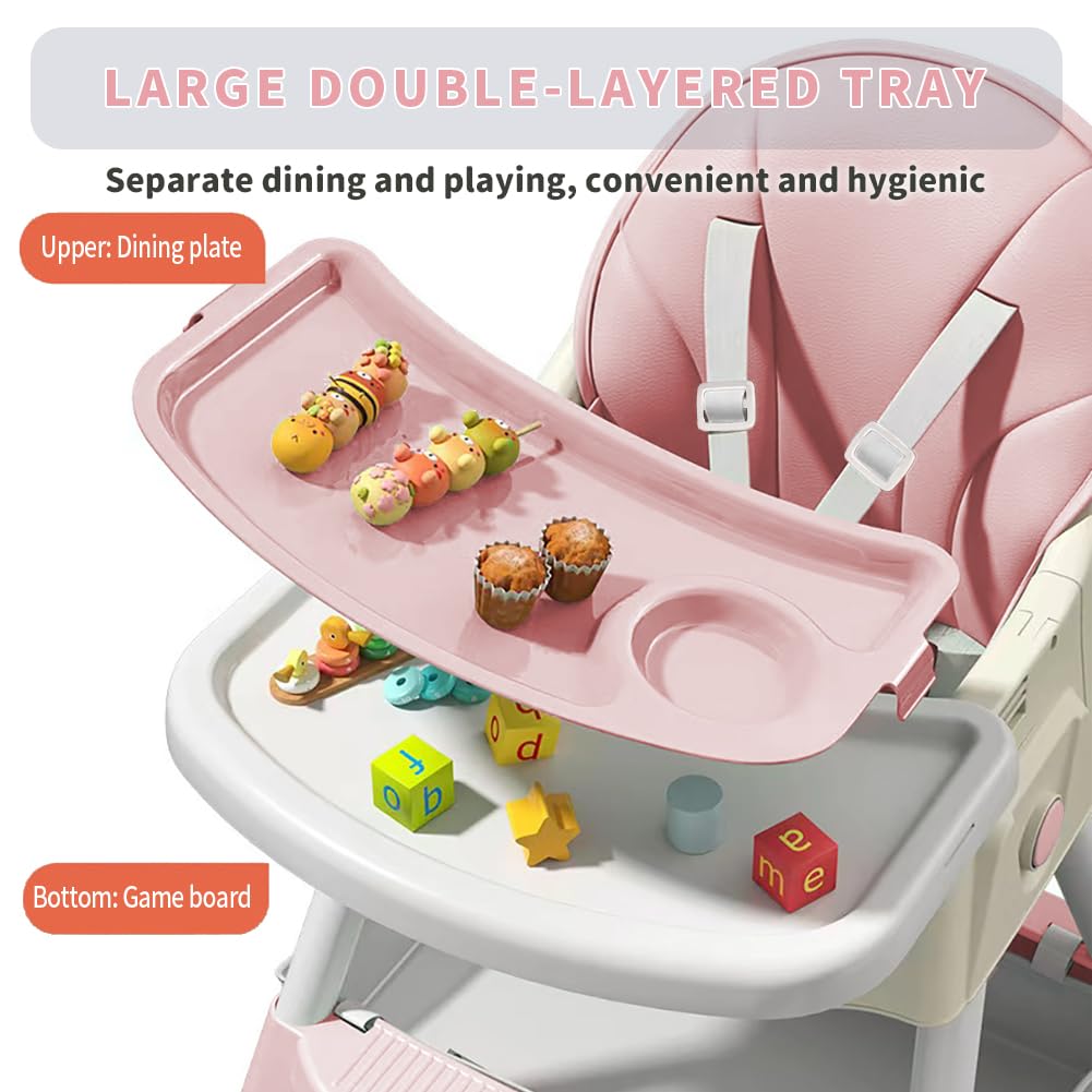 High Chairs for Babies and Toddlers, 4 in 1 Convertible Baby High Chair, Portable High Chair for Travel with Adjustable Height and Back, Foldable HighChair with Wheels& Pu Cushion