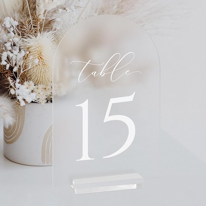 JINMURY Frosted Arch Table Numbers for Wedding, 5x7 Inch Arched Acrylic Table Numbers 1-15 with Stands, Frosted Acrylic Arch Sign with Holder for Centerpiece, Reception, Wedding, Party, Event