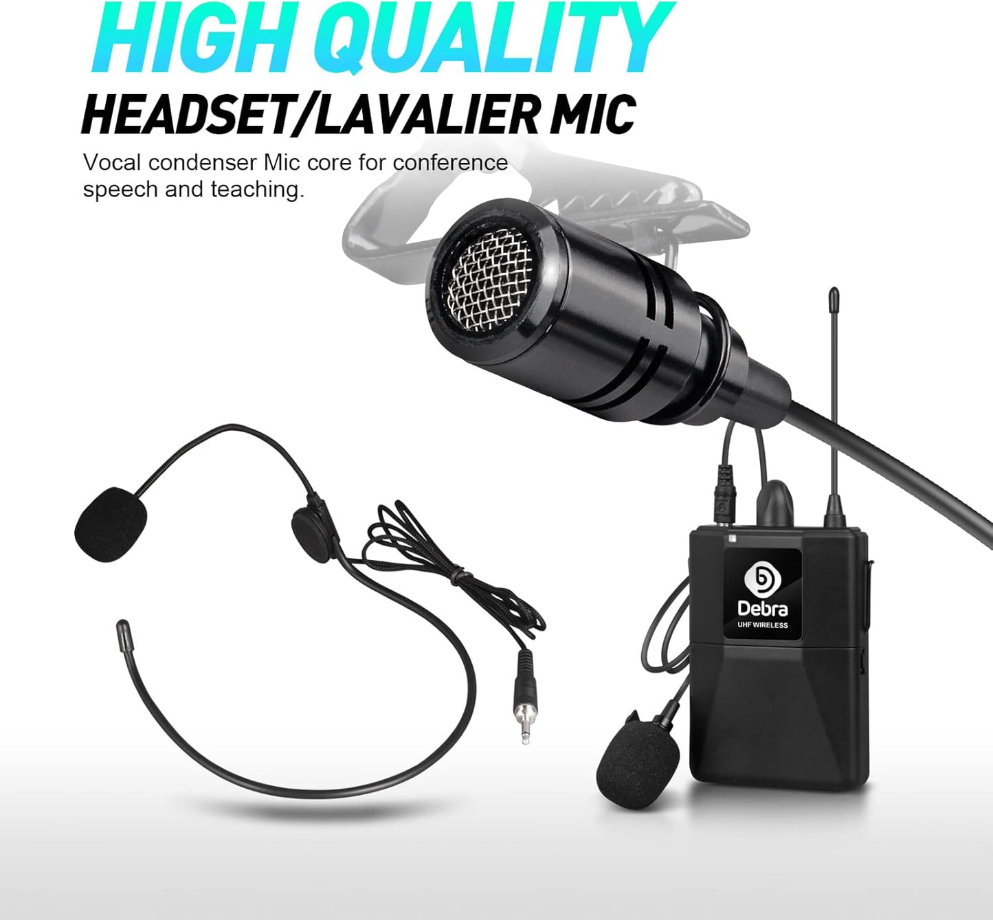 D Debra Audio AU800 Pro UHF 8 Channel Wireless Microphone System with Cordless Handheld Lavalier Headset Mics, Metal Receiver, Ideal for Karaoke Church Party (4 Handheld & 4 Bodypack)