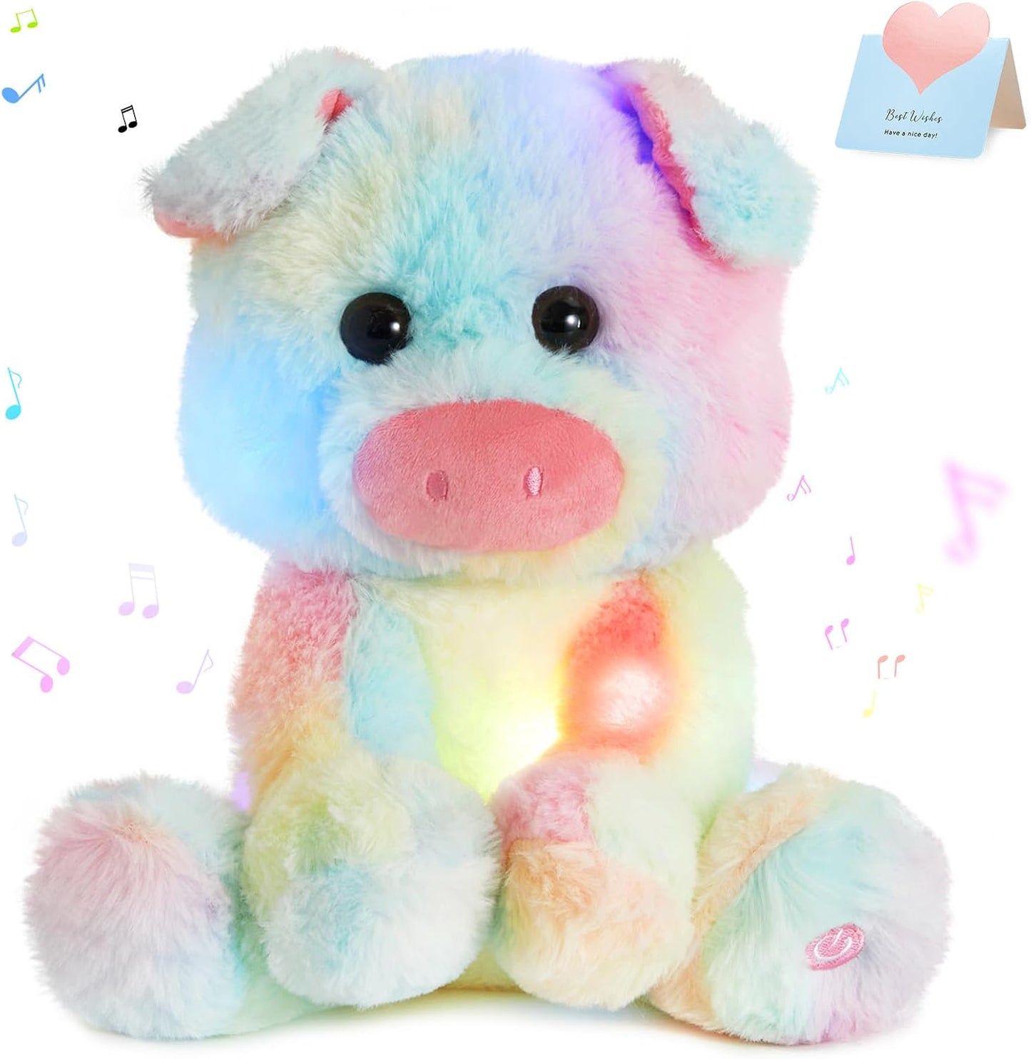Glow Guards 12''Musical Light up Rainbow Pig Stuffed Animal,LED Singing Soft Piggy Farm Animal Plush Toy with Night Light&Lullaby,Ideal Gifts Birthday Children's Day Hoilday for Toddler Kids