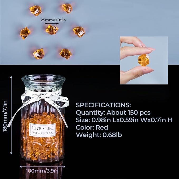 Babenest Acrylic Crushed Ice Rocks, 150 PCS Fake Crystals Plastic Ice Cubes Diamonds Gems for Vase Fillers, Home Decoration, Table Scatter, Event, Wedding, Arts & Crafts (Orange)