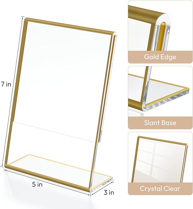NIUBEE 6 Pack 5 x 7 Acrylic Gold Frame, Slanted Back Table Sign Holder for Wedding Table Numbers, Restaurant Signs, Photos and Art Display Visit the Store