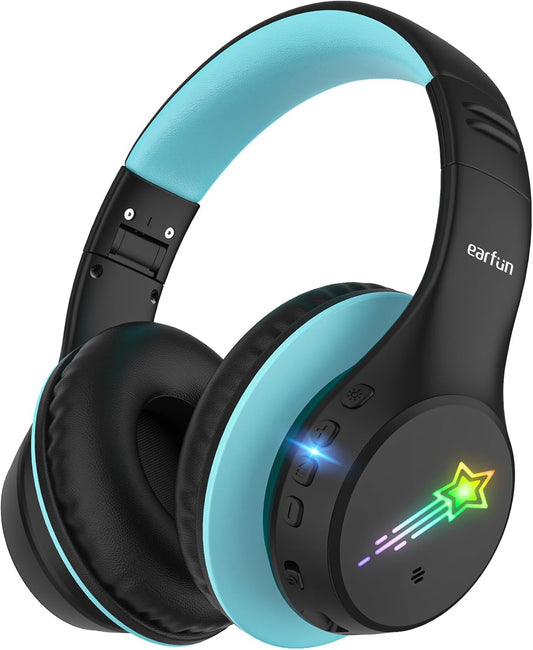 EarFun K4 Kids Bluetooth Headphones, Wireless Headphones with LED Lights, 74/85/94dBA Volume Limited, Built-in Mic, 90H Playtime, Bluetooth 5.4 Over Ear Headphone for iPad/Tablet/School, Dark Black