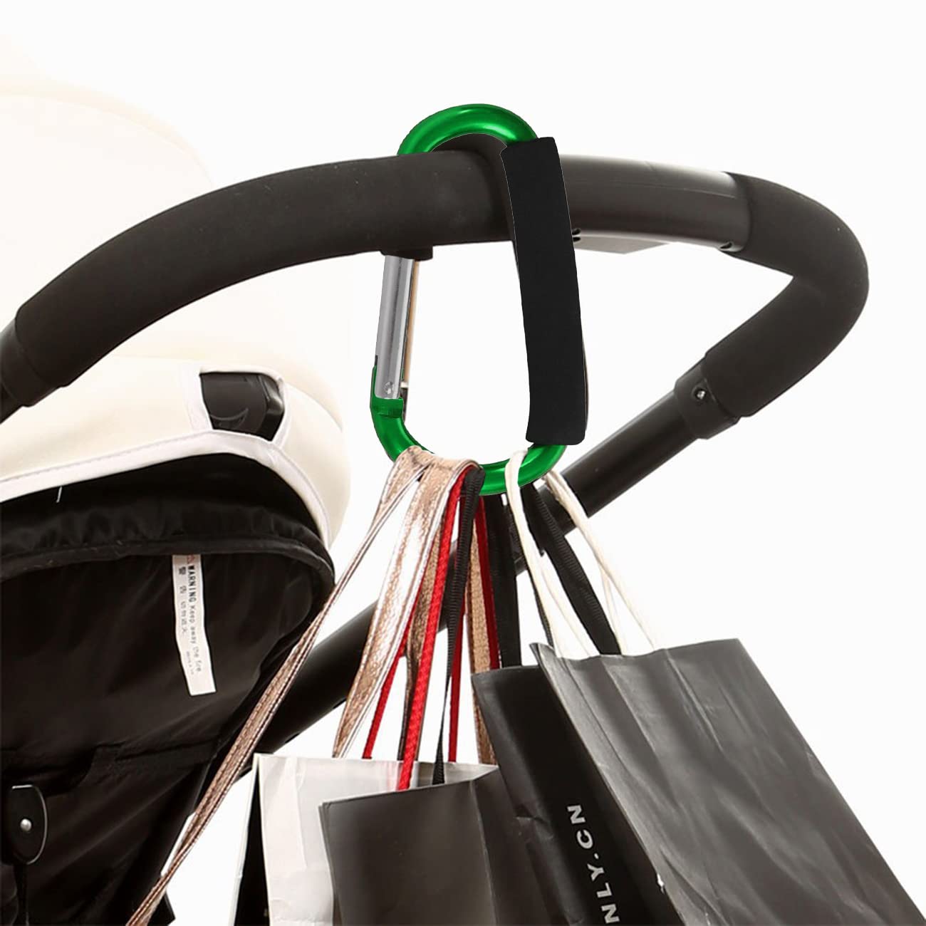 Stroller Hooks by Baby,2 pcs Carabiner Stroller Hook Organizer for Hanging Purses, Diaper Bag, Shopping Bags. Clip Fits Single/Twin Travel Systems, Car Seats and Joggers (Green)