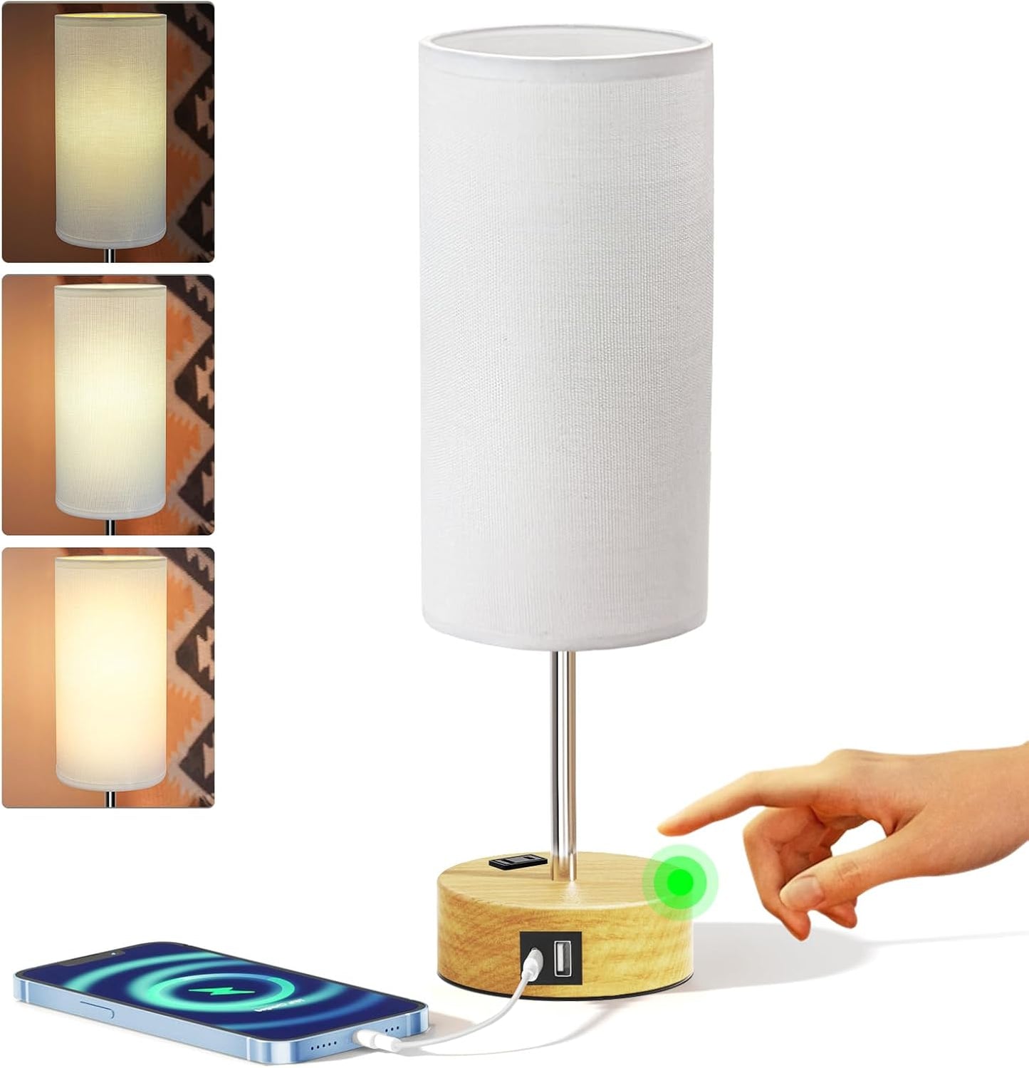 KPQ Small Bedside Lamp Touch Control Table Lamp with USB A+C Charging Ports & AC Outlet 3-Way Dimmable Nightstand Lamp with Linen Fabric Shade for Bedroom Living Room