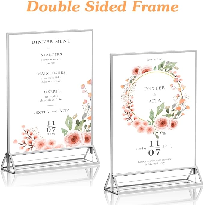 4x 6 Acrylic Sign Holder 12 Pack, Double Sided Silver Picture Frames Clear Wedding Table Numbers for Party, Menu, Restaurant, Photo, Office, Hotels, Meetings