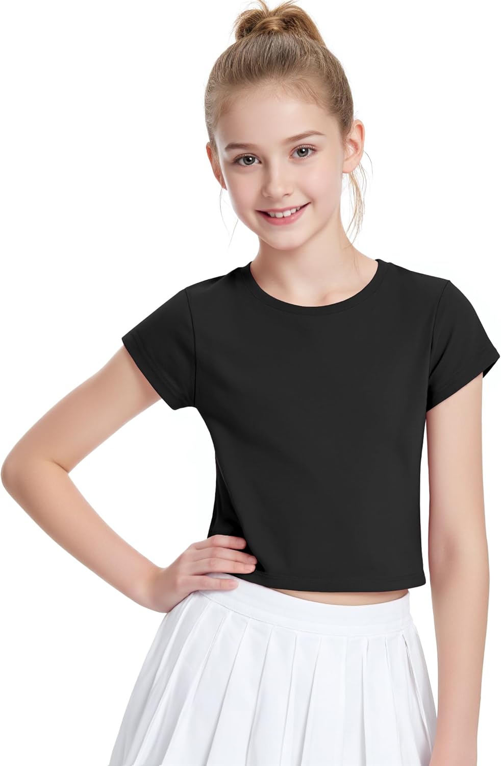 Auranso Girls Crop Tops Summer Short Sleeve Round Neck T Shirts Basic Tee for Kids