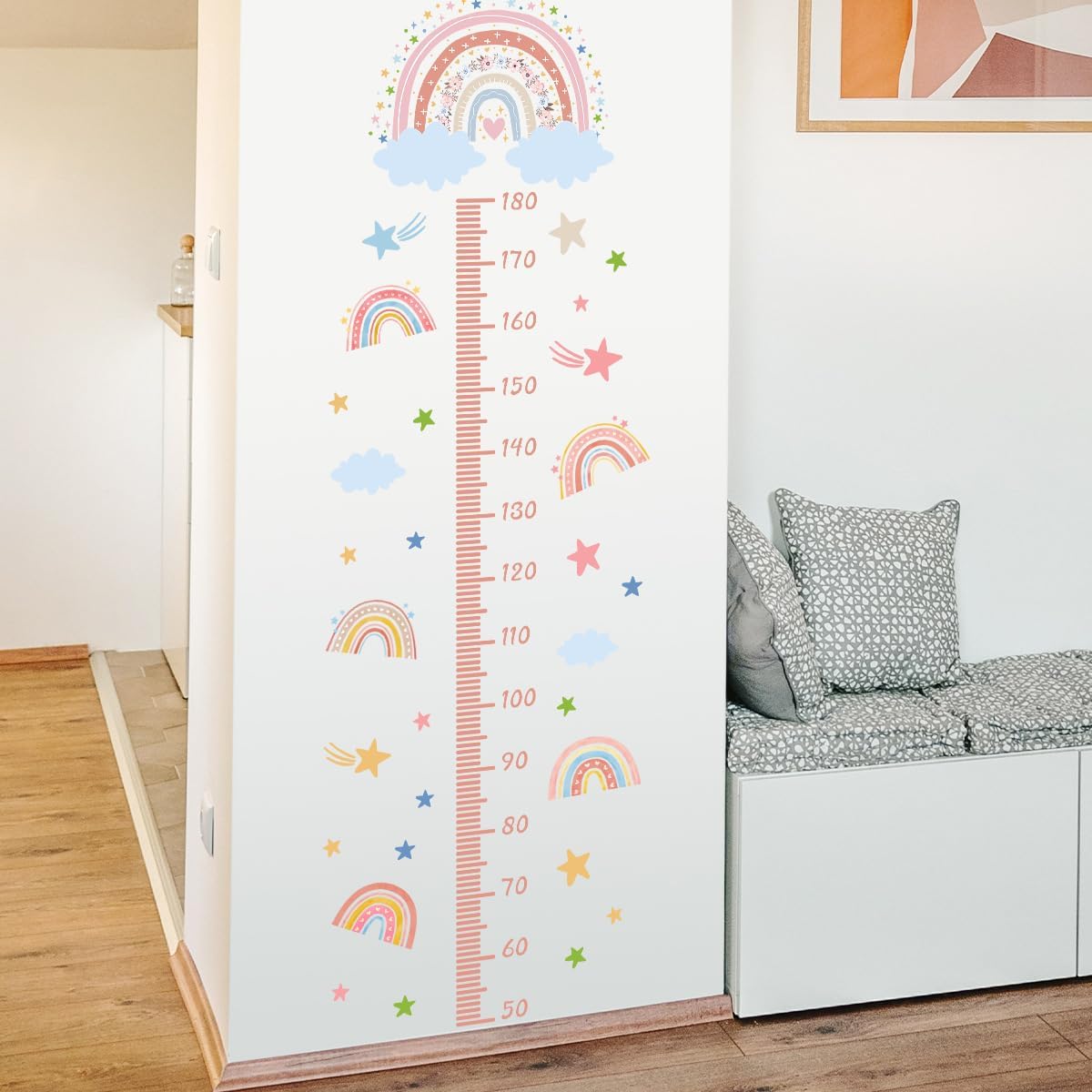 3D Cartoon Height Growth Chart for Kids - Removable DIY Pink Rainbow Wall Decal Peel and Stick Stars and White Clouds Wall Art Decor for Kids Nursery, Bedroom, Bathroom