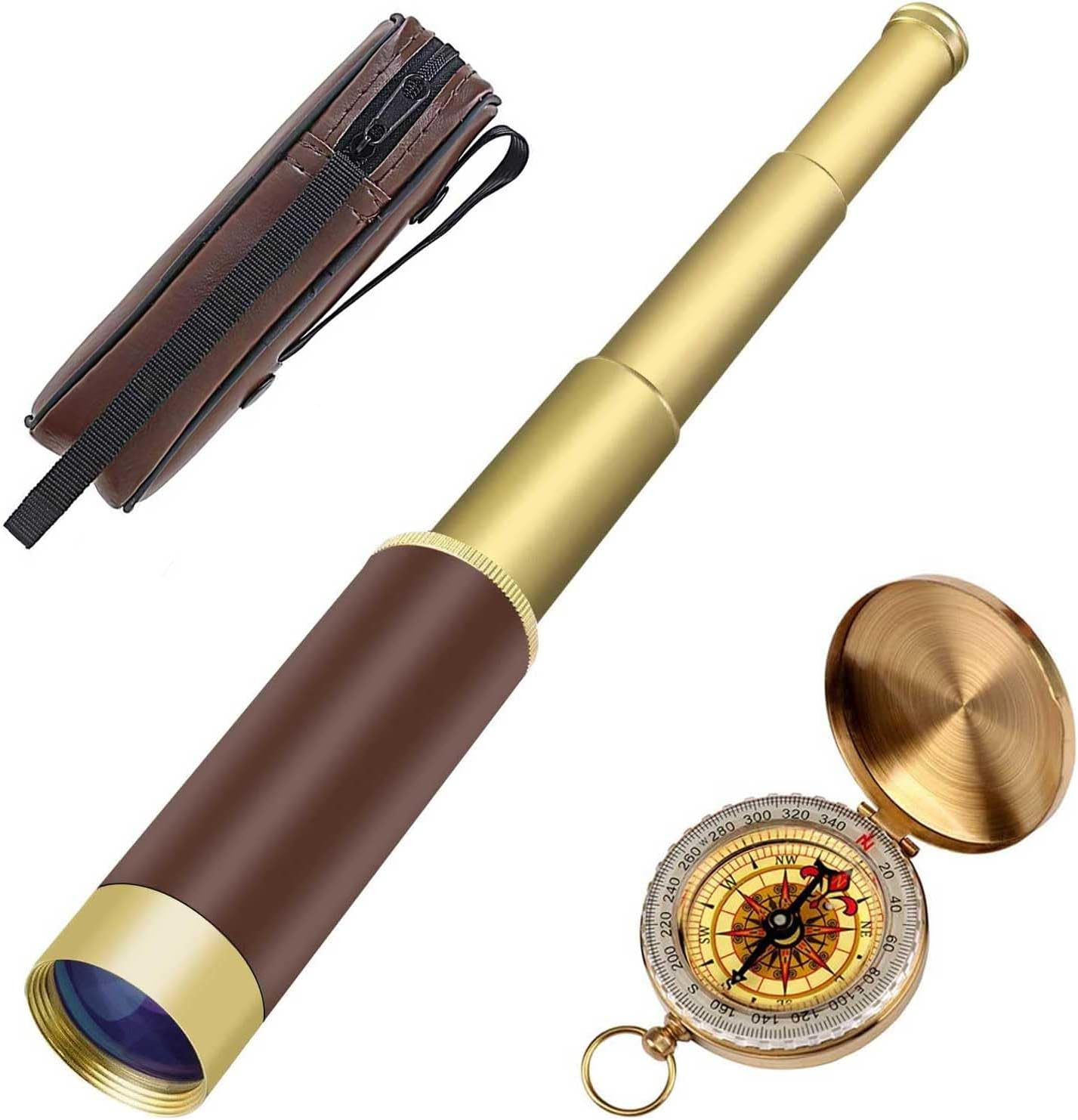 Retro Pirate Telescope Zoomable 25x30 Spyglass Portable Collapsible Handheld Telescope Vintage Monocular for Kids & Survival Gear Compass Pocket Military Compass for Camping Boating