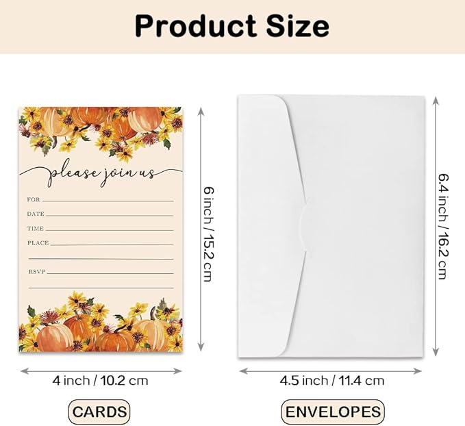 REWIDPARTY Thanksgiving Party Invitation Cards with Envelopes（Set of 15） Food Feast Invites for Family Friends Fall Invitations with Pumpkin and Florals Birthday Bridal Party Fill-in Invitation cards