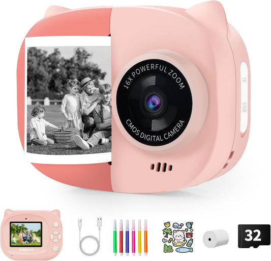 Rongta Kids Camera Instant Print, 1080P Kids Instant Cameras That Print Photos, Christmas Birthday Gifts for Girls Age 3-12, Video Camera Portable Toy for 3 4 5 6 7 8 9 10 Year Old Kids Girls(Pink)