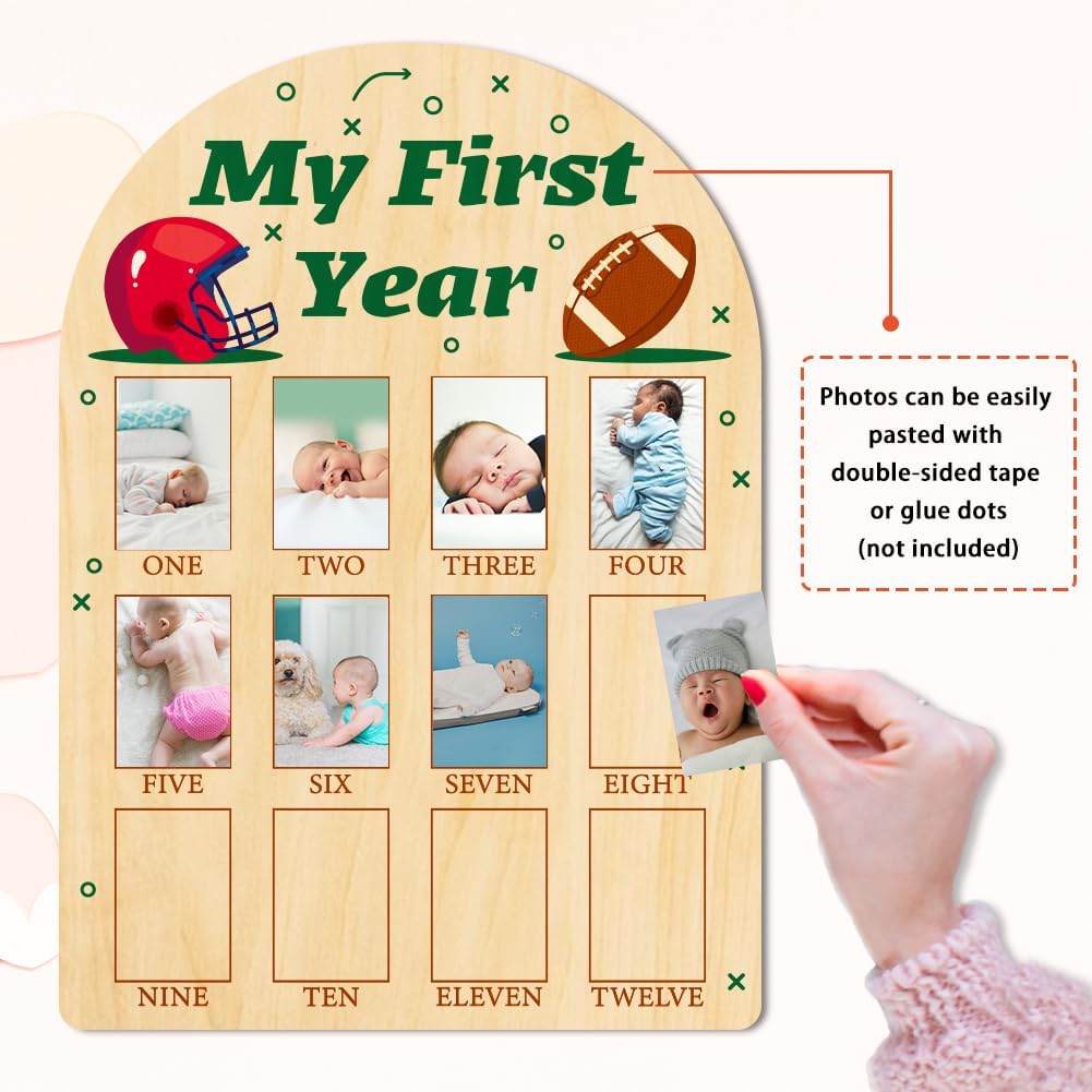 ORIGACH My First Year Baby Growth Photo Display Wood Board - 12 Months Newborn Milestones Photo Board - Neutral Baby Keepsake Frame 1st Birthday Party Nursery Decor New Mom Gift - Football