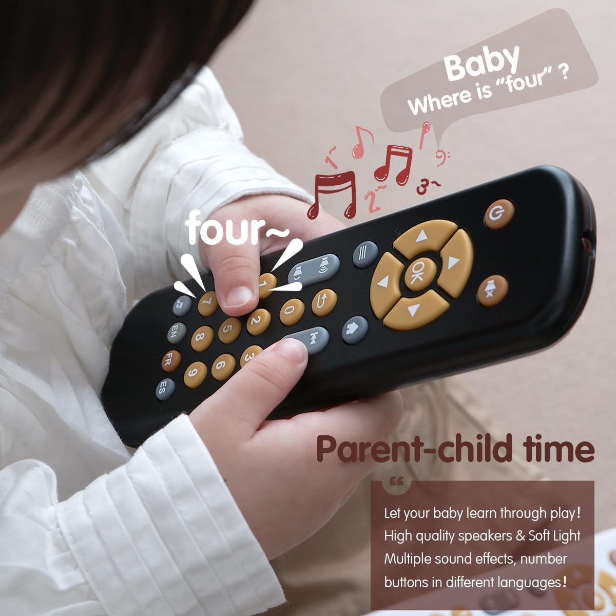 Nueplay Baby TV Remote Control Toy with Light and Sound, Toddler Realistic Controller with 3 Languages, Early Educational Learning Musical Toys, Preschool Infant Boys Girls 6, 12, 18 Months, Black