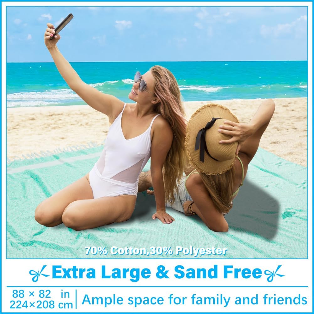 Oversized Turkish Beach Towel Blanket XXL Cotton Sandproof Towels Boho Woven Extra Large Big Sand Free Giant Throw Thick Blankets Huge Quilt XL Picnic Camping Necessities Cloud For Adult Gifts Aqua