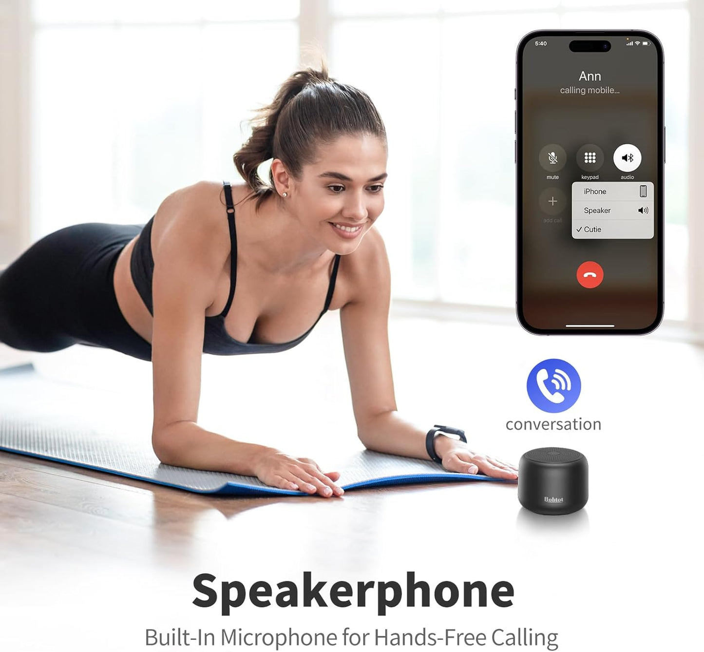 Bobtot Portable Bluetooth Speakers with Strap Easy to Carry, Wireless IPX5 Waterproof Mini Speaker with Loud Stereo Sound, 20 Hours Playtime, Rechargeable Battery, Built-in Microphone, Black