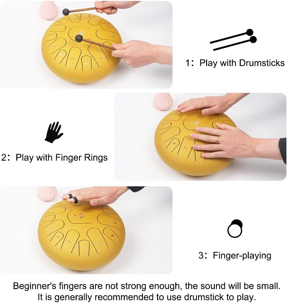 Rain Drum for Outside Garden,Steel Tongue Drum 12 Inches 15 Notes Musical Instruments, Handpan Drum Percussion Instrument, with Soft Bag, Music Book, 2 Mallets, for Meditation or Yoga(Yellow)