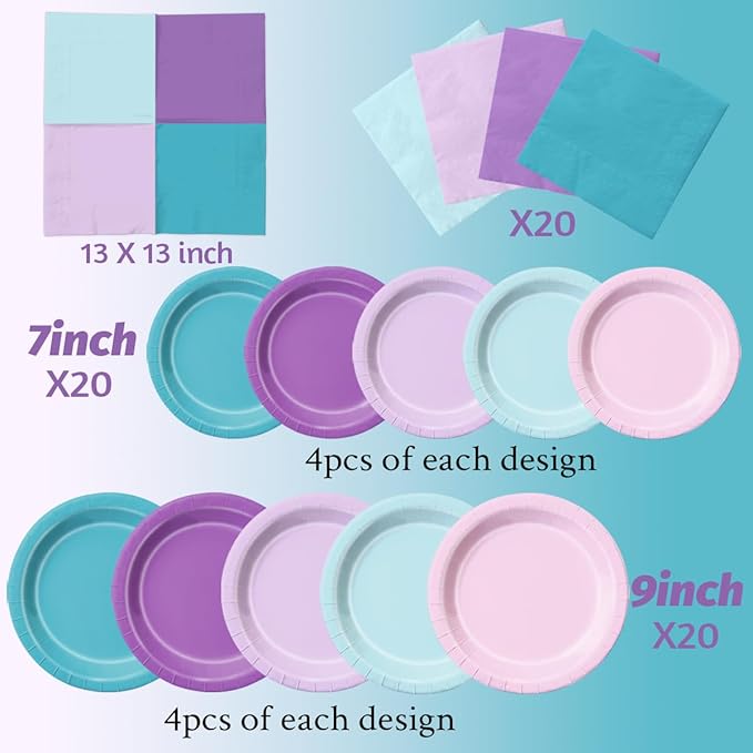CMUSKO Mermaid Birthday Decorations - 60Pcs Plates and Napkins Pink Blue Purple Theme Party Supplies for Girl Birthday, Baby Shower, Wedding