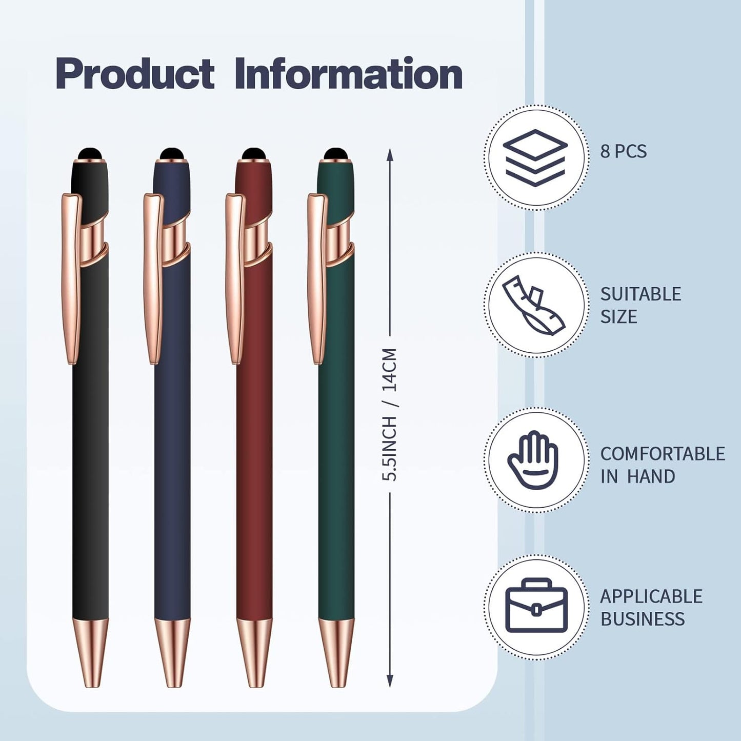 8 Pieces Ballpoint Pen with Stylus Tip Black Ink 2 in 1 Stylus Metal 1.0 mm Medium Point Smooth Pen Rainbow Colorful Rubberized Ballpoint for Touch Screen Tablet(Red, Green, Navy, Black)