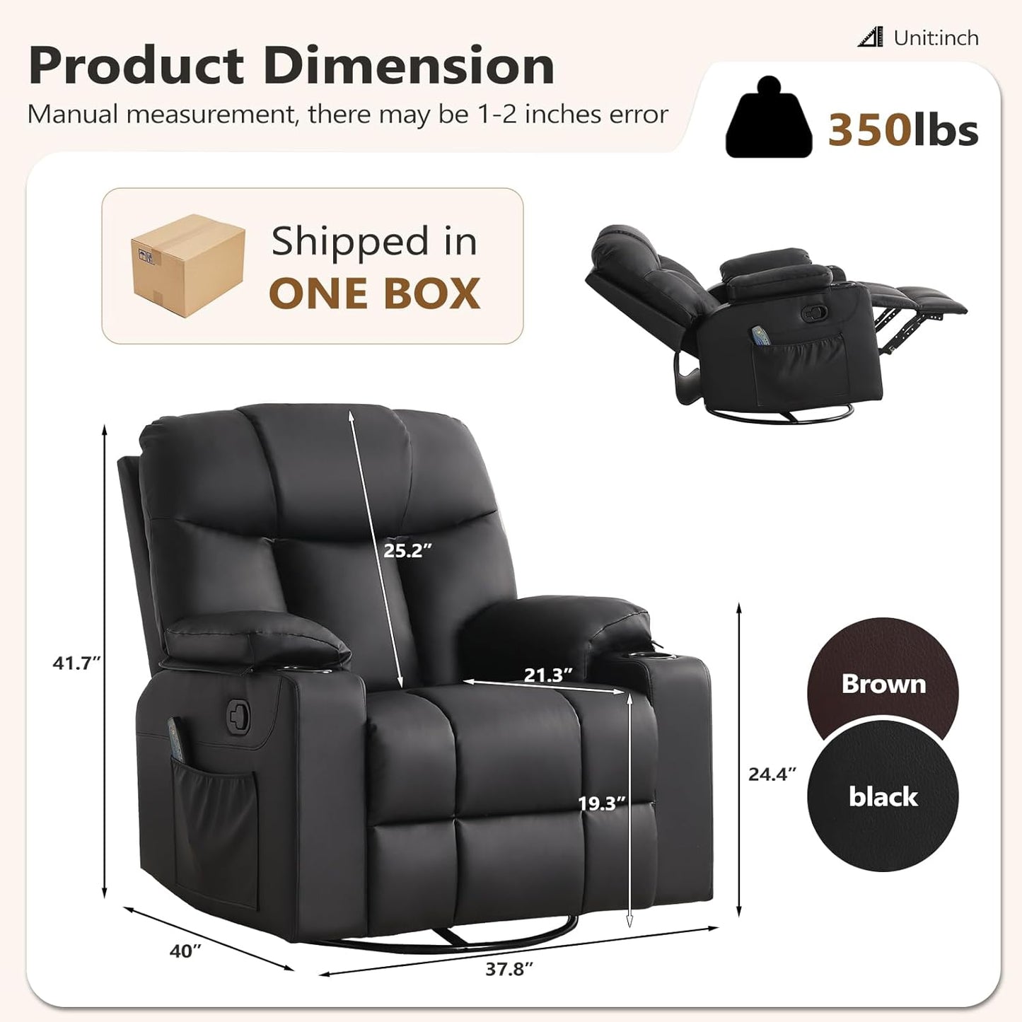 ANJ Swivel Rocker Recliner Chair Set of 2, Brown PU Leather, Manual 3-Position Reclining with Massage & Heat, Cup Holders for Living Room