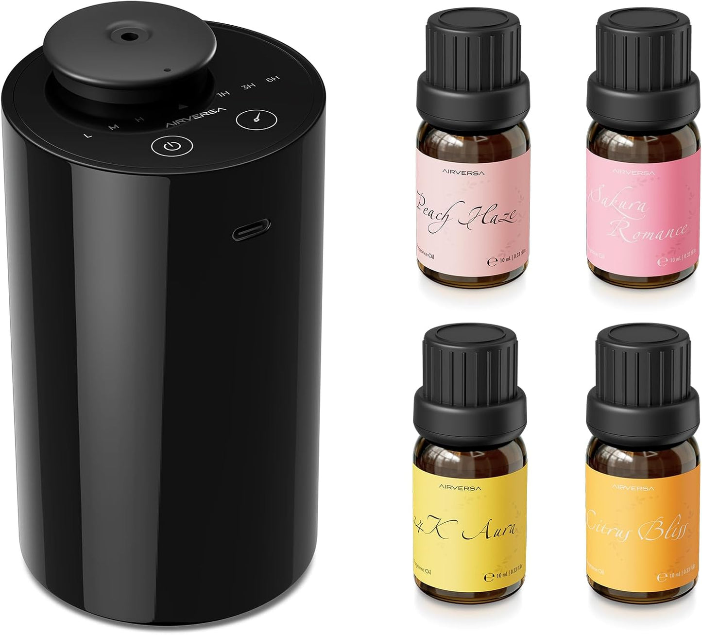 Waterless Essential Oil Diffuser Starter Kit with 4 x 10mL Fragrance Scent Oil, Battery Operated Mini Scent Air Machine Portable Diffuser for Home Car Office, AN6 Black Kit01
