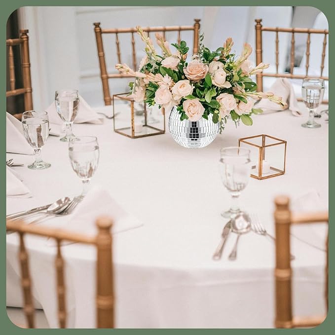 6 Pcs Disco Vase, Silver Mirror Ball Disco Ball Planter 5" X 6" Glass Silver Candle Holder White Vases for Centerpieces Table Decorations Party Wedding Birthday Gift