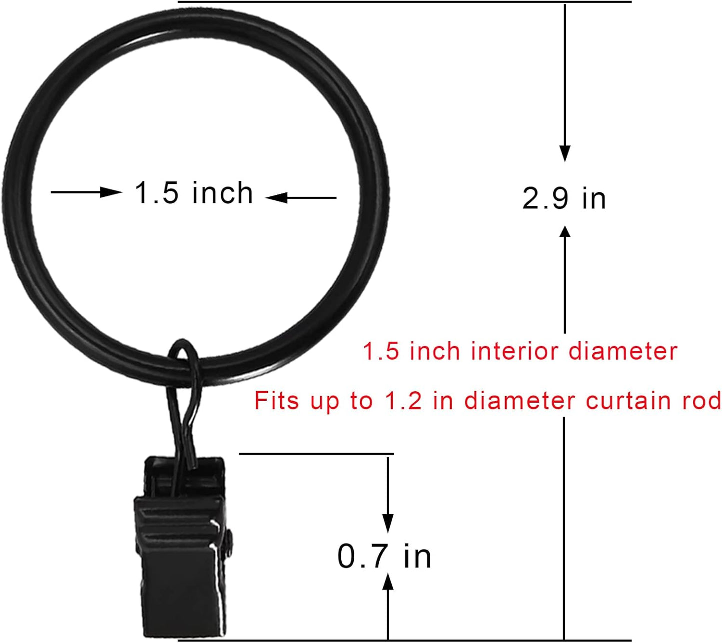 40 Pack Black Curtain Rings with Clips, Curtain Hooks Hangers Clip Rings for Hanging Drapes Bows Hat, Drapery Rings 1.5 in I D, Fits up to 1.2 in Diameter Curtain Rod.