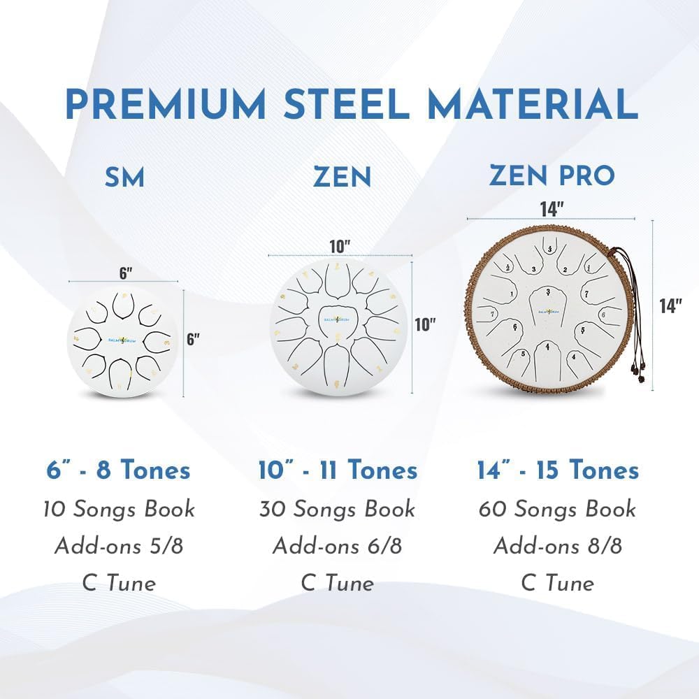 The Balmy Drum - 11 Note 10 Inch Steel Tongue Drum, Steel Drum Instrument, Drums For Children and Adults, Balmy Drum Set for Kids with Music Book, Handpan, Mallet and Carry Bag (White)