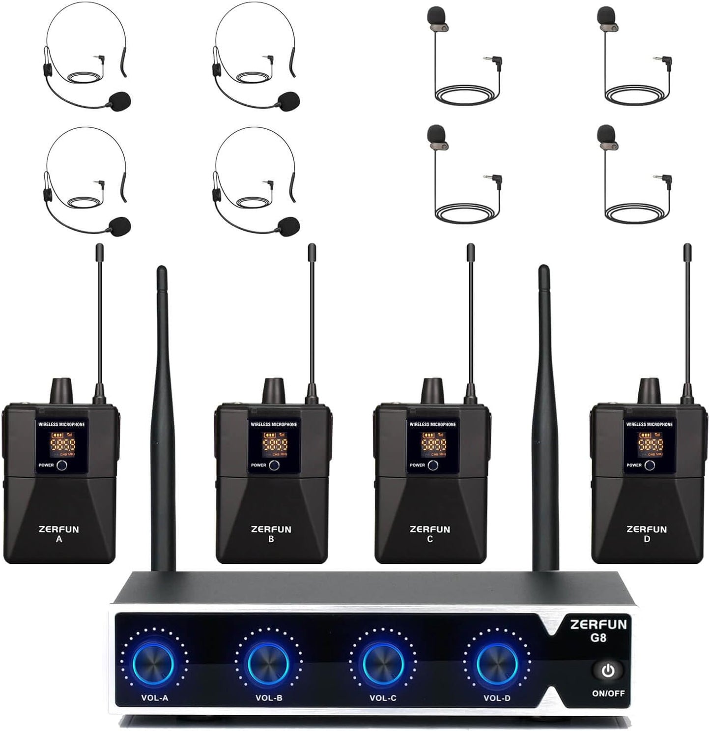 Pro Wireless Microphone System 4 Channel, UHF Cordless Handheld Headset Lavalier Lapel Mics for Church Karaoke Singing, 4x50 Adjustable Frequency(G8 Battery 4 Bodypack)