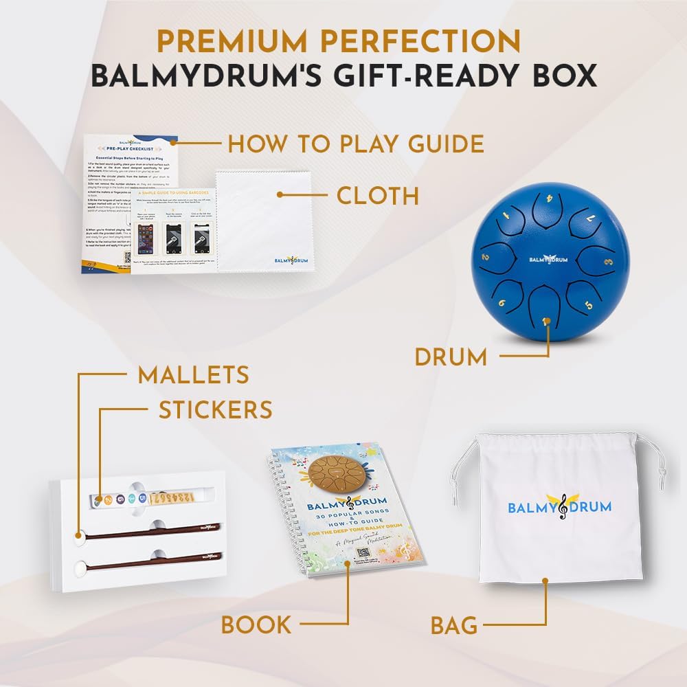 The Balmy Drum - 8 Note 6 Inch Steel Tongue Drum, Steel Drum Instrument, Drums For Children and Adults, Balmy Drum Set for Kids with Music Book, Handpan, Mallet and Carry Bag (Blue)