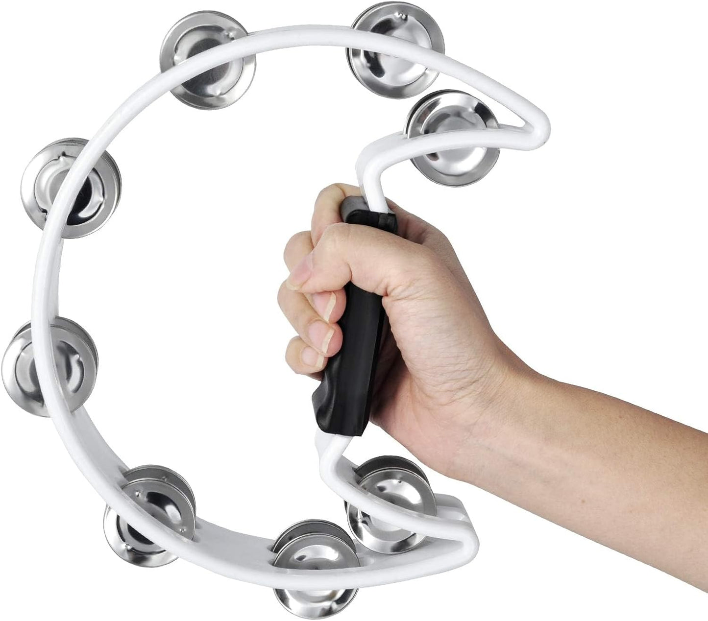 EastRock Tambourine,Metal Jingles Hand Held Percussion Half-Moon Tambourine and Egg Shakers for Kids, Adults, KTV, Party White