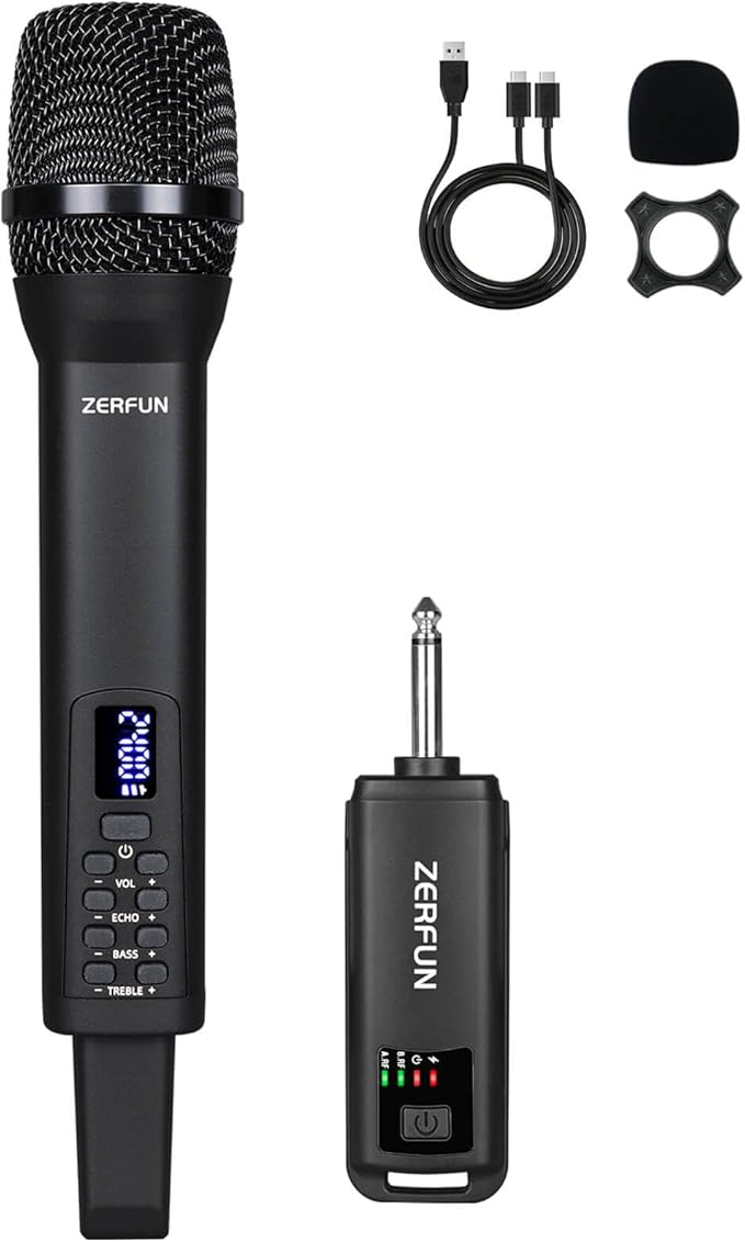 Rechargeable Wireless Microphone, Pro Handheld Cordless Mic System with Echo Treble BASS VOL Control for Karaoke Singing Church Party, 1/4'' Output, Black