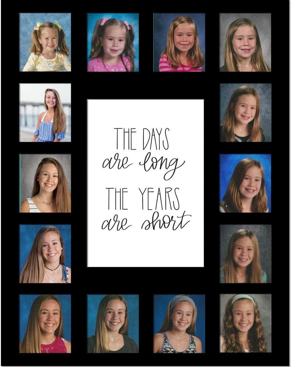 Rustic Red Door Co. School Days Picture Mat with Multiple Openings, Photo Collage, The Days Are Long, No Frame, Pre-School & Kindergarten to 12th Grade (Black, 15 Openings, 2 Pre-School)