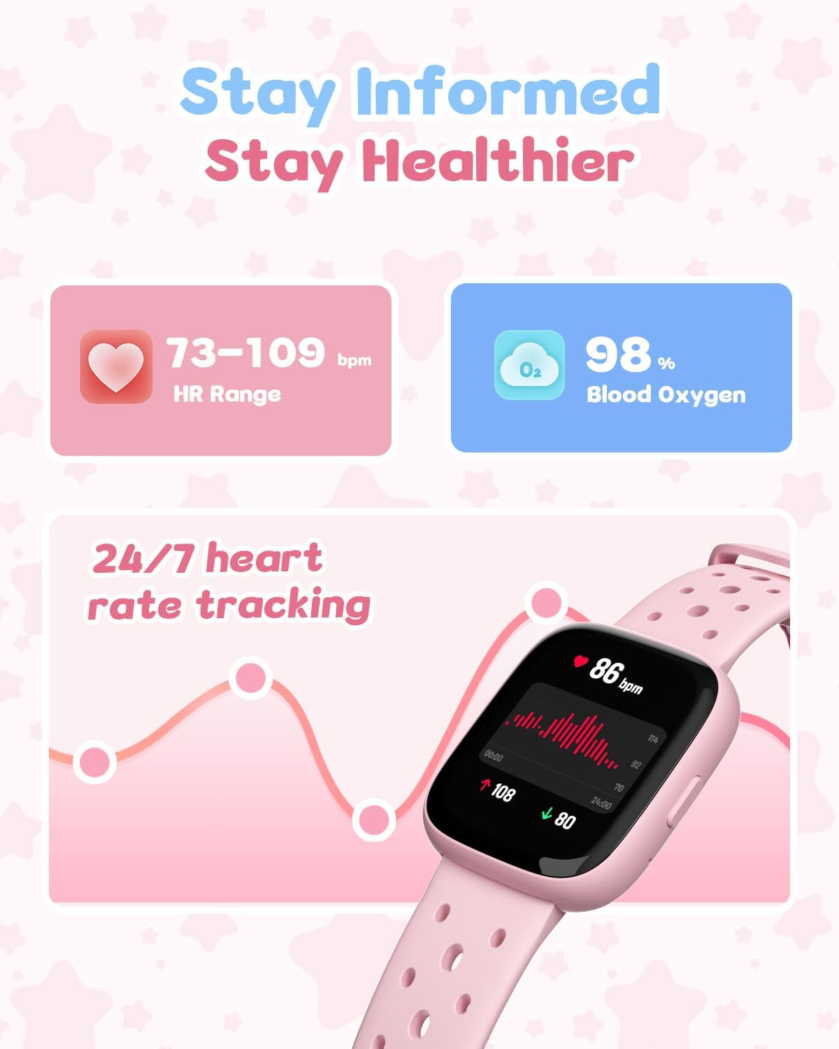 Kids Watch for Girls 5-12, Kids Smart Watch Fitness Tracker Pedometer, No Phone Needed, Puzzle Games with Parental Control, IP68 Waterproof, Heart Rate, Sleep Monitor, Step Counter, 80 Sports