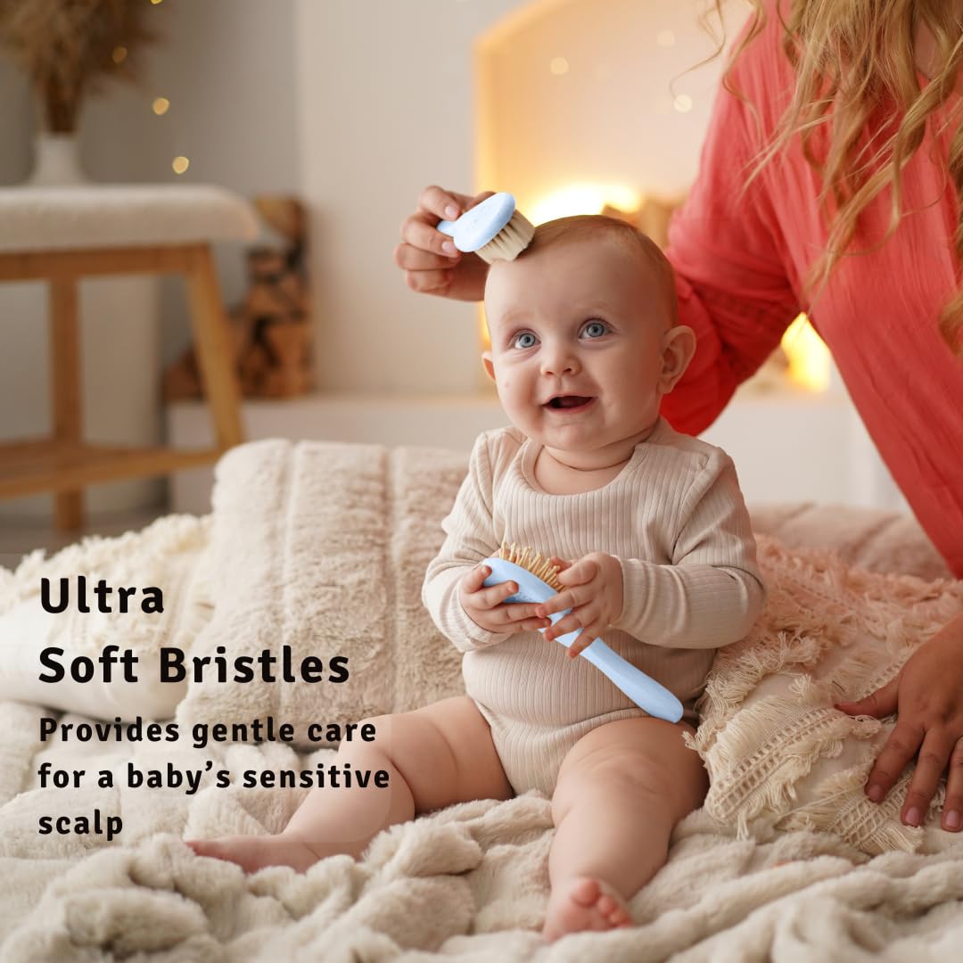 Baby Hair Brush Set for Newborns - Baby Brush and Comb Set - Ultra Soft Goat Hair Bristles, Perfect for Cradle Cap, Newborn Showers & Registries Gift, Comb Brush for Girls & Boys (Sky)