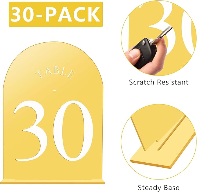 JOYIT Arch Wedding Table Numbers 1-30 with Stands – 5" X 7" Acrylic Mirrored Gold Table Number Holders, Perfect for Wedding Receptions, Parties, Anniversaries, and Events