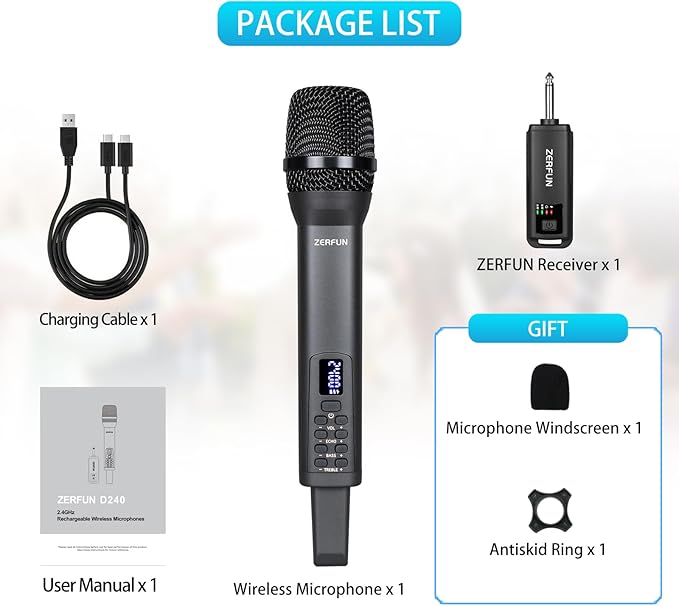 Rechargeable Wireless Microphone, Pro Handheld Cordless Mics System Dynamic with Echo Treble BASS VOL Control for Karaoke Singing Church Party, 1/4'' Output, D240, Grey