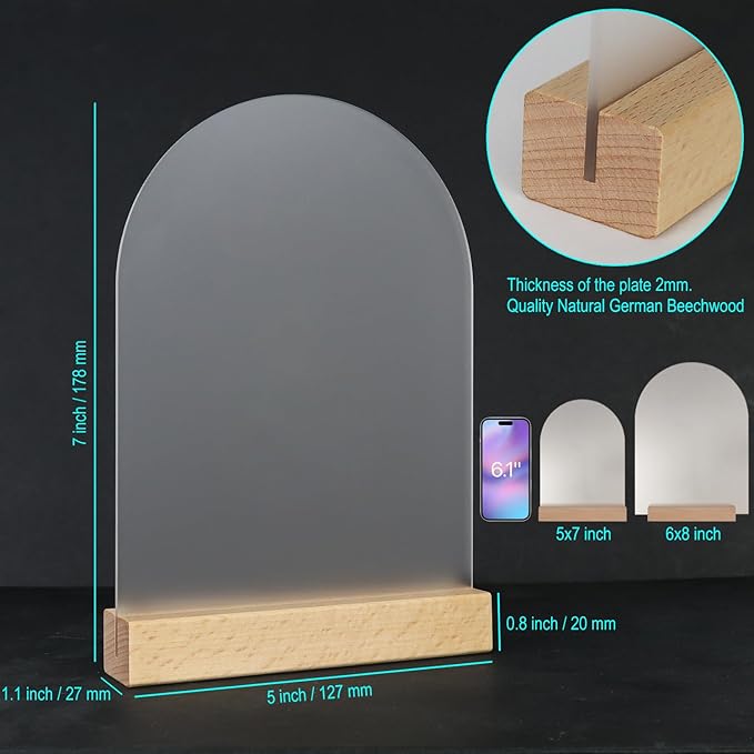 Frosted Blank Arch Acrylic Sign with Wooden Stands - 10 Pack DIY Customizable Sign Kit for Wedding Table Numbers, Restaurant Party Bridal Shower (5x7 Inch)