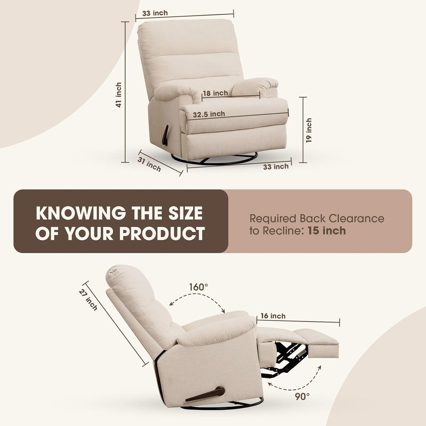 Large Glider Rocker Recliner,Beige Swivel Rocking Recliner Chair,Reclining Sofa Rocking Chair Nursery,23 Inches Deep Seat & 27 inches High Back,for Living Room, Bed Room‎ (Beige)