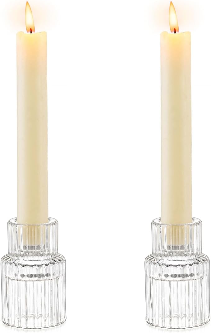 Romadedi Glass Candle Holder for Candlestick - 2Pcs Clear Small Tapered Candle Holders Wedding Decor Table Centerpiece for Candle Sticks Christmas Party Table Living Room Dinner Advent