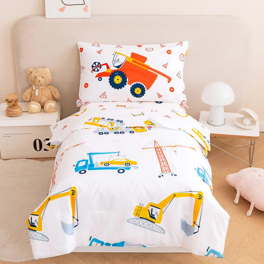 PERFEMET 4 Pieces Construction Toddler Bedding Set Excavator Truck Boy Toddler Bed in A Bag Colorful Reversible Cartoon Tractors White Crib Comforter Set for All Seasons(White, Truck/Tractor)