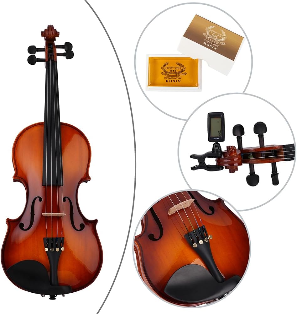 Rhythm Violin Set for Beginners,Acoustic Violins Starter Kit Package for Student,Beginners Fiddle with Hard Case, Rosin, Shoulder Rest, Bow, and Extra Strings (NATURAL, Full)
