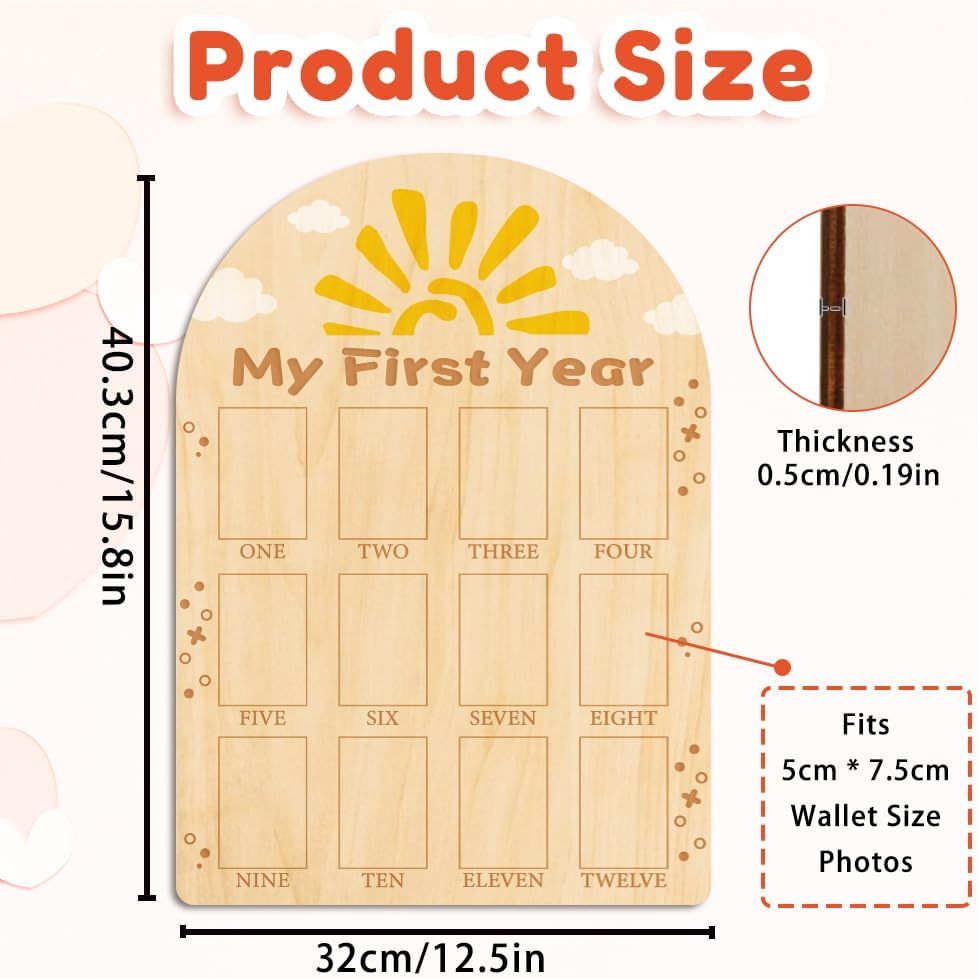 ORIGACH My First Year Baby Growth Photo Display Wood Board - 12 Months Newborn Milestones Photo Board - Neutral Baby Keepsake Frame 1st Birthday Party Nursery Decor New Mom Gift - Sun & Cloud