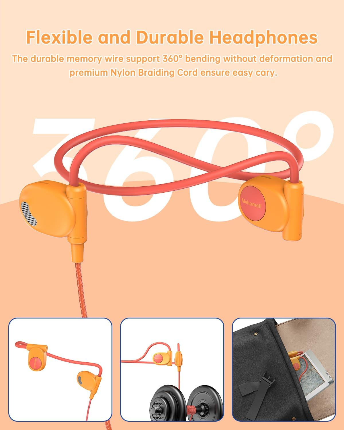 Kid Headphones for School, Air Conduction Open Ear Headphones, 3.5mm Jack Wired Cord, Ultra-Comfort, Ergonomic and Lightweight Design Perfect for School and Outdoor Activities-Orange
