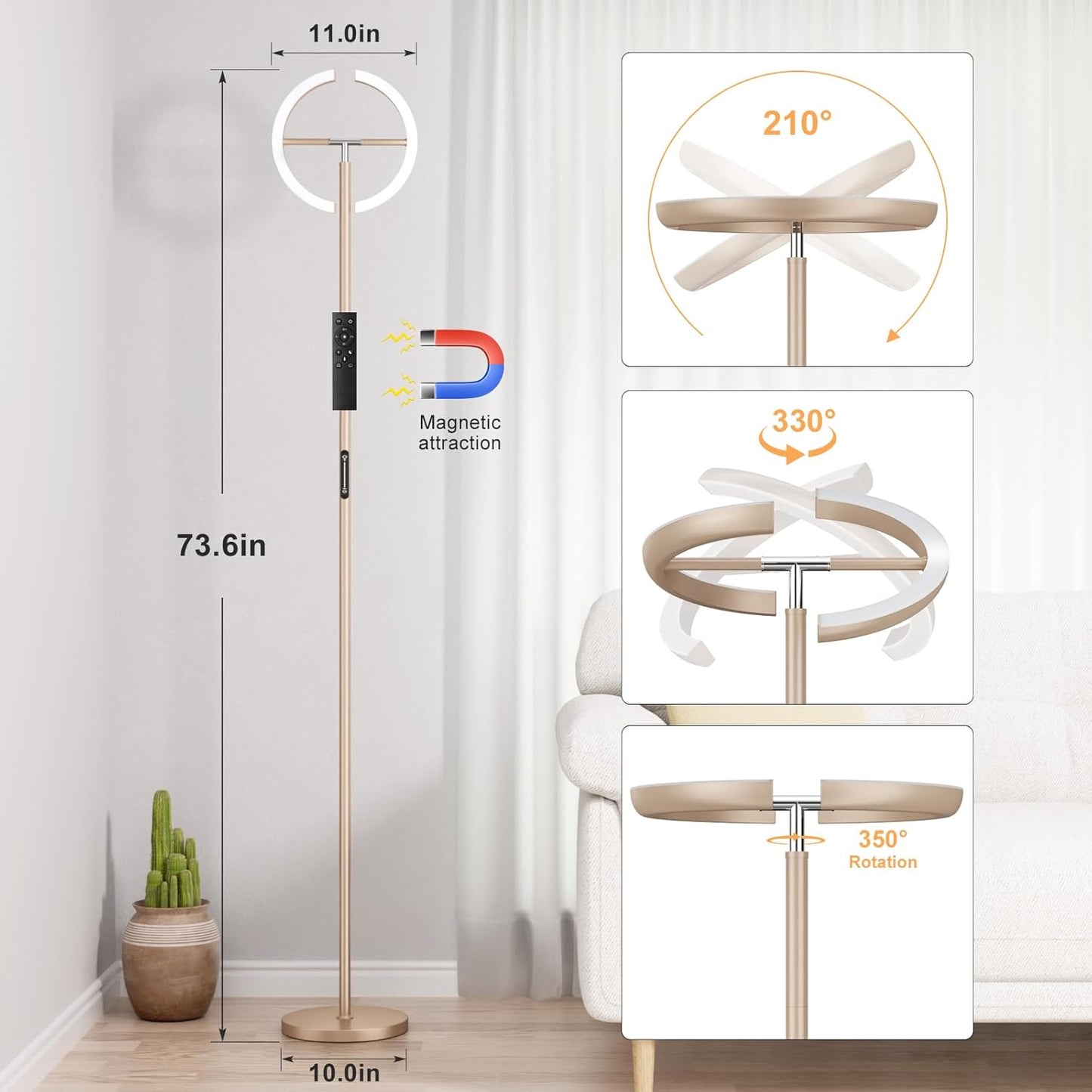 Floor Lamps for Living Room, 40W/2400LM LED Floor Lamp with Touch & Remote Control, 70" Tall Standing Lamp Stepless Dimmable, Modern Torchiere Corner Lamp for Bedroom, Office - Light Gold