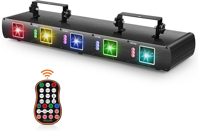 DJ Laser Lights,5 Beam Effect Sound Activated Strobe Laser Light Show with Remote Control Laser Light Projector Party Lights Indoor for Birthday Disco KTV Club Stage DJ Lighting